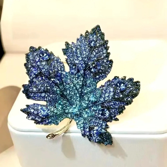 Bria Red Maple Leaf Blue Crystal Brooch - Picture 1 of 8
